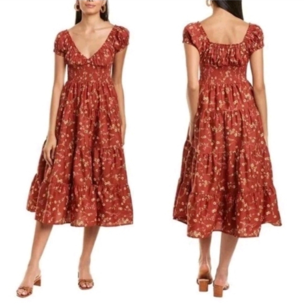 Danielle Bernstein X WeWoreWhat Smocked Bodice Floral Puff Rust Midi Dress Sz L